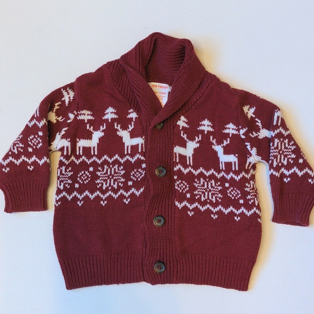 Joe Fresh Red & White Reindeer Snowflake Knit Cardigan Sweater * 12-18M